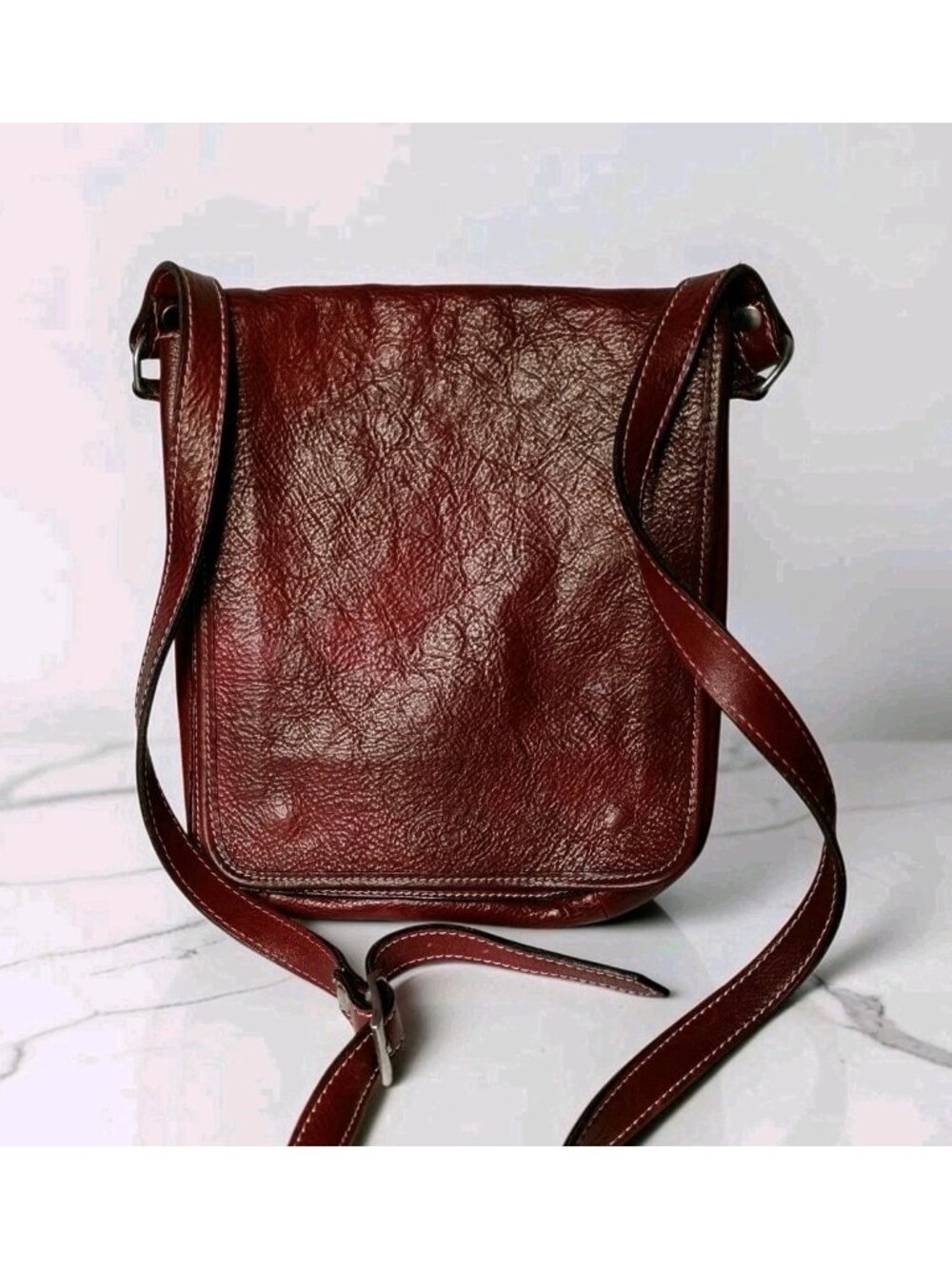 AJ Leather Factory Italian Red Leather Crossbody Purse Bag Pebbled Flap Firenze